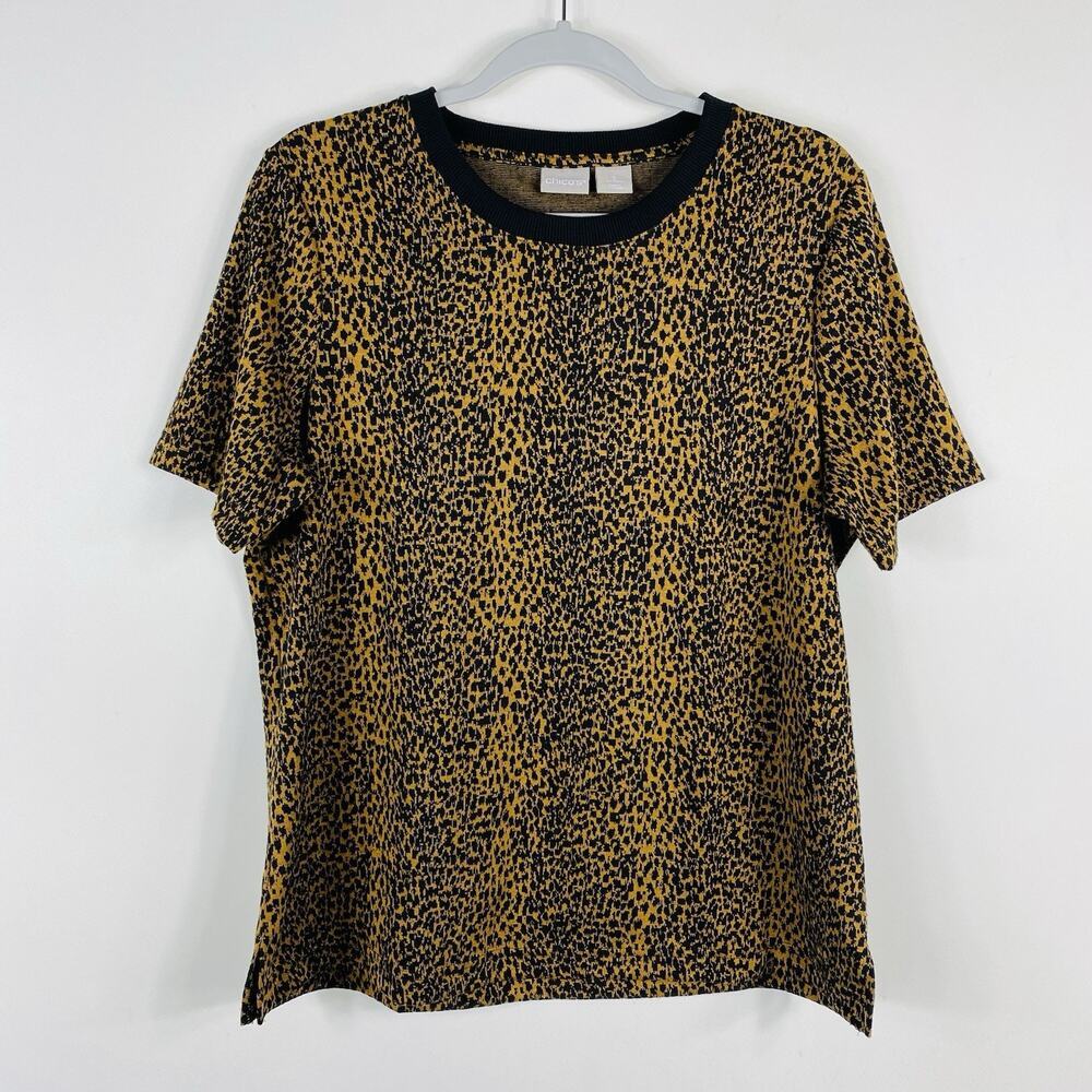 Chico's Top Large 2 12 Animal Print Short Sleeve Crewneck Brown Black